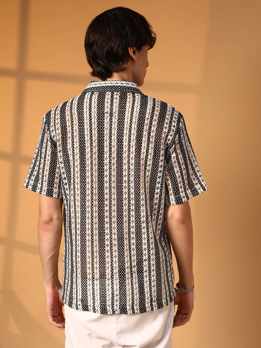 Off White Stripe Crochet Half Sleeves Shirt Lightweight Stylish Daily Wear