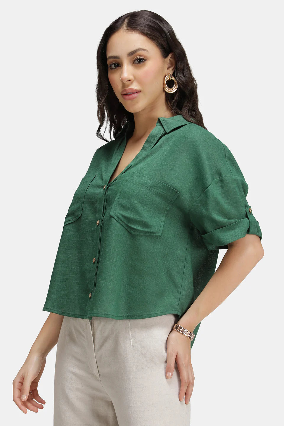 Linen Boxy Shirt with Curved Hem for Women Lightweight Soft Fabric Casual Outfit