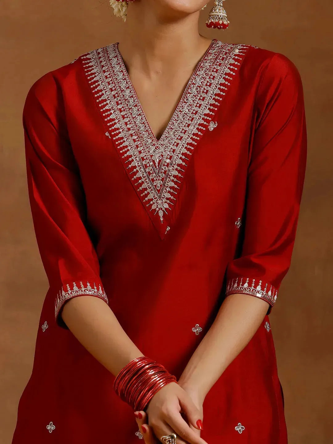 Women Red Straight Kurta Set in Silk Blend Fabric with Classic Embroidered Detailing