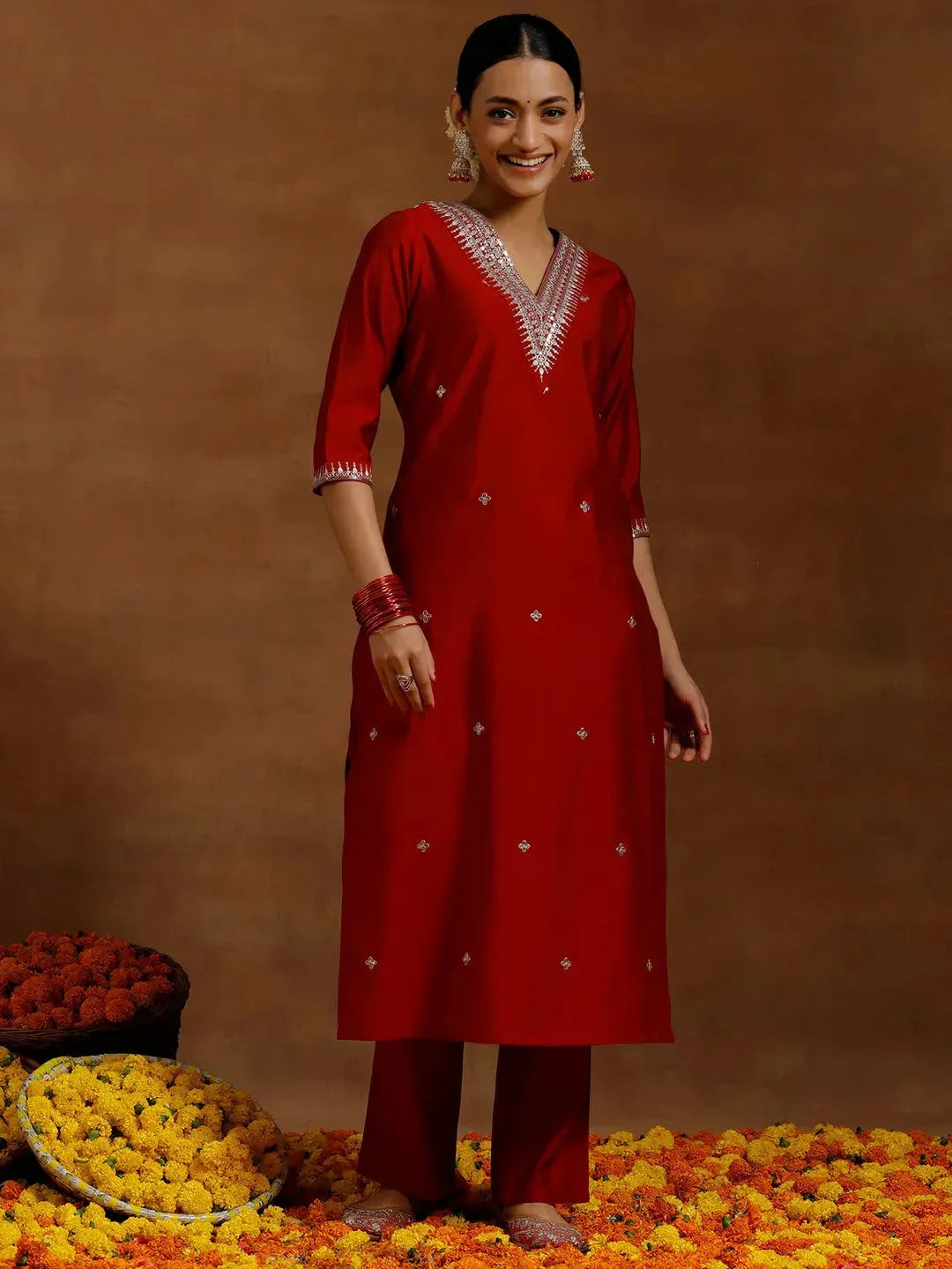 Women Red Straight Kurta Set in Silk Blend Fabric with Classic Embroidered Detailing