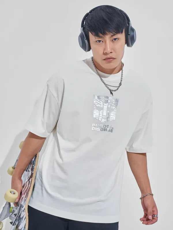 Off White Transformer Printed Round Neck Oversized Fit T-Shirt