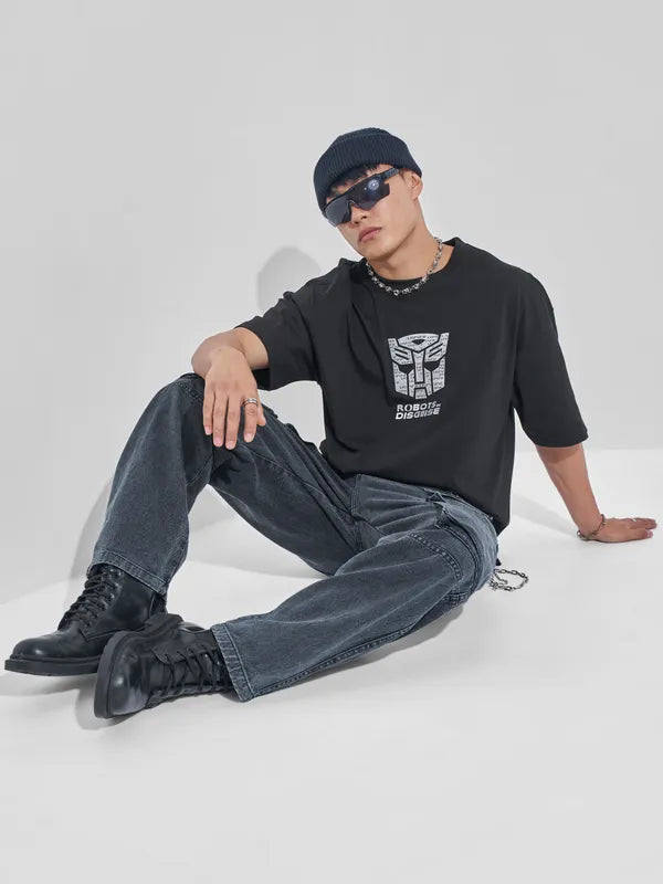 Black Oversized Fit Transformers Printed T-Shirt with Classic Round Neck for Men