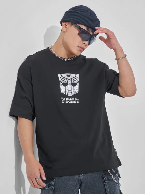 Black Oversized Fit Transformers Printed T-Shirt with Classic Round Neck for Men
