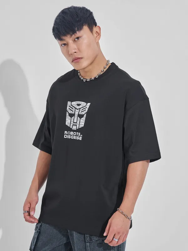 Black Oversized Fit Transformers Printed T-Shirt with Classic Round Neck for Men