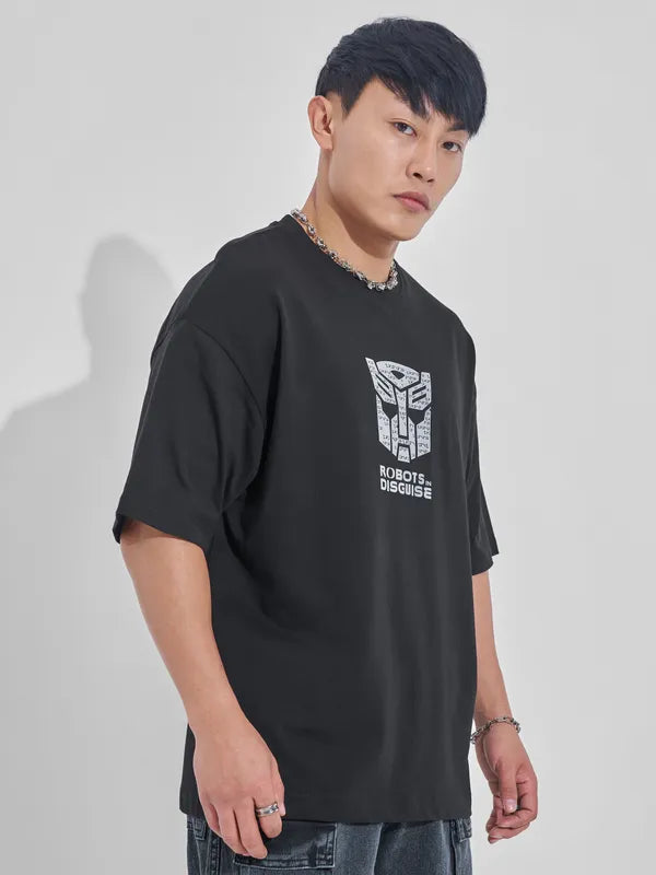 Black Oversized Fit Transformers Printed T-Shirt with Classic Round Neck for Men