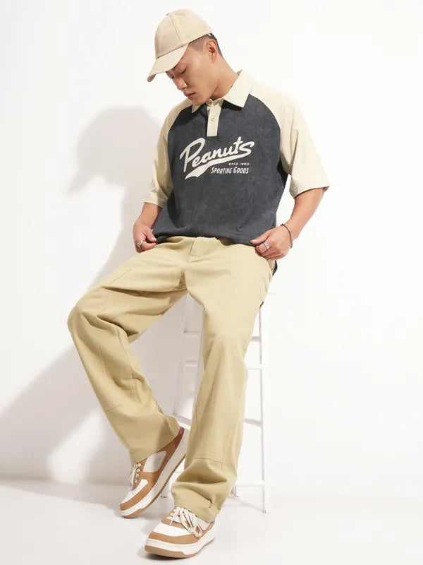 Black Peanuts Printed Polo Collar Oversized Fit T-Shirt