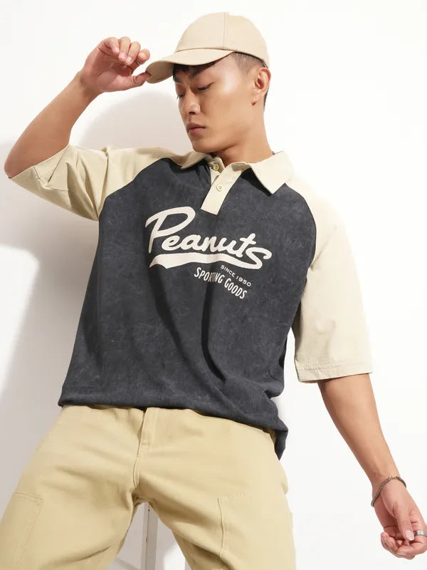 Black Peanuts Printed Polo Collar Oversized Fit T-Shirt