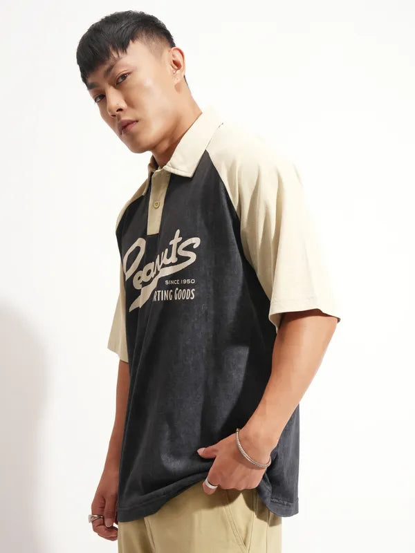 Black Peanuts Printed Polo Collar Oversized Fit T-Shirt