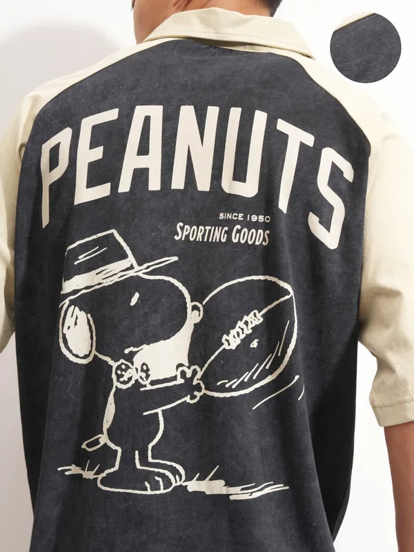 Black Peanuts Printed Polo Collar Oversized Fit T-Shirt