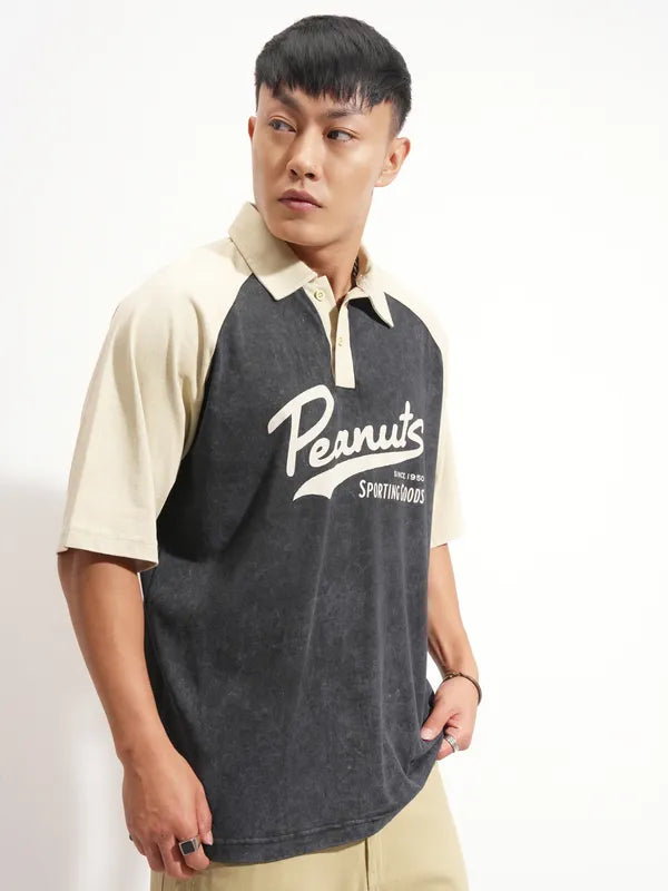 Black Peanuts Printed Polo Collar Oversized Fit T-Shirt