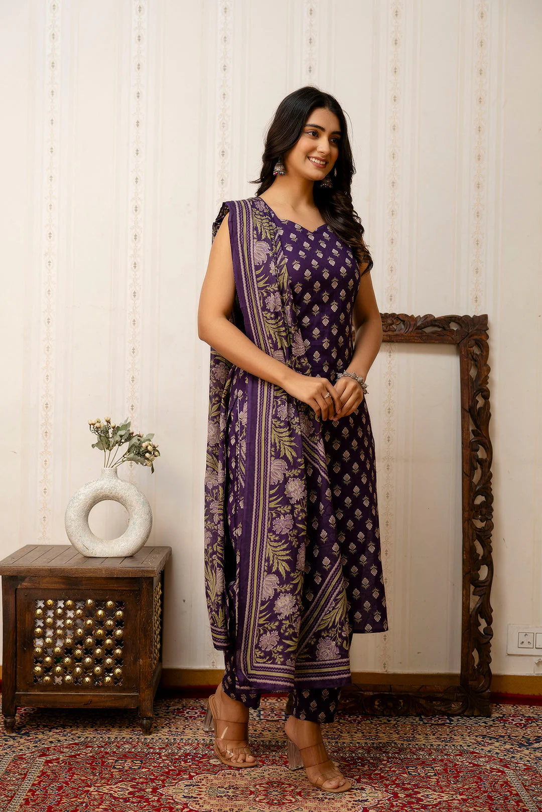 Graceful Purple Printed Kurta Set with Straight Fit Trouser and Dupatta