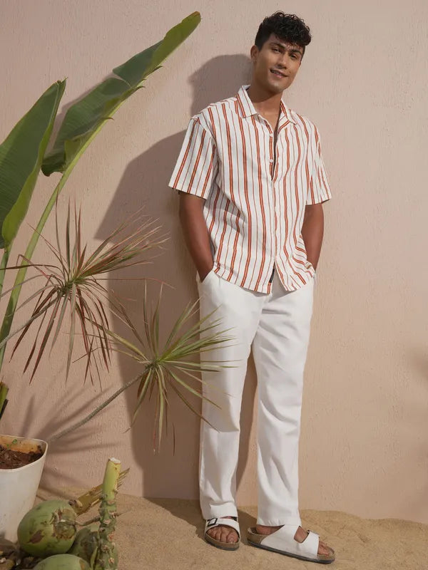 Men Red Striped Oversized Fit Casual Shirt