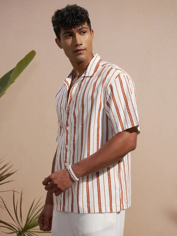 Men Red Striped Oversized Fit Casual Shirt