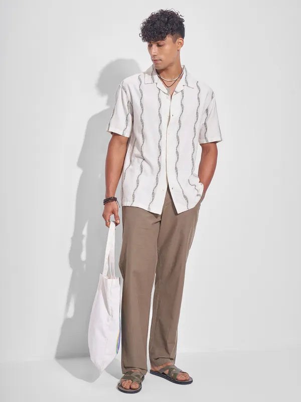 Cream Printed Relaxed Fit Casual Shirt