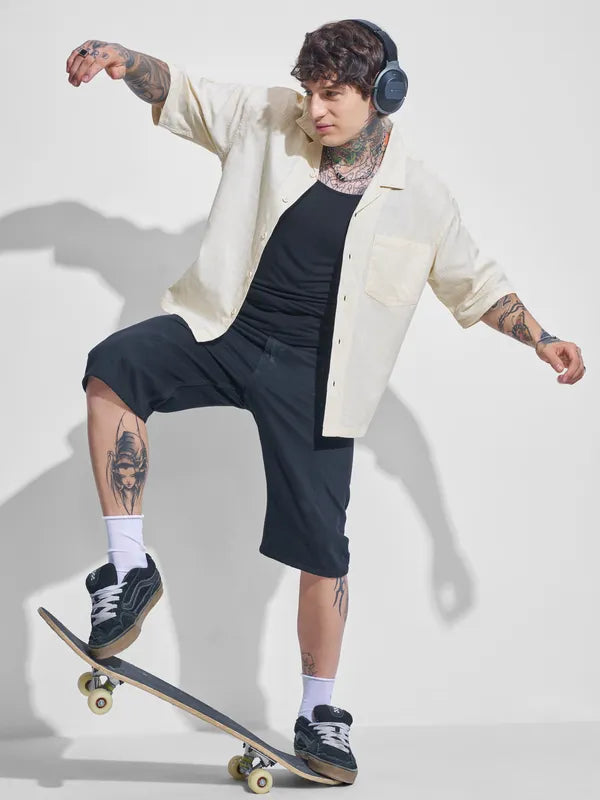 Men Cream Self Design Oversized Fit Casual Shirt