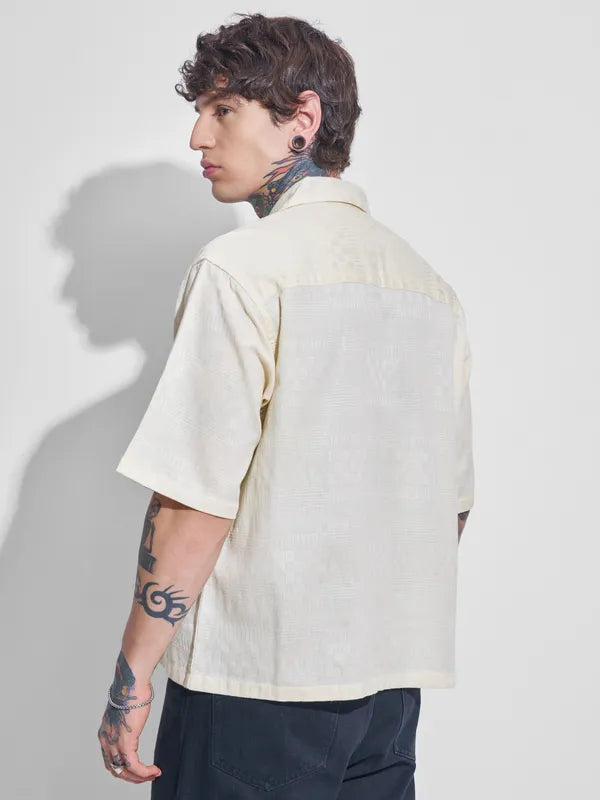 Men Cream Self Design Oversized Fit Casual Shirt