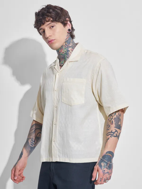 Men Cream Self Design Oversized Fit Casual Shirt