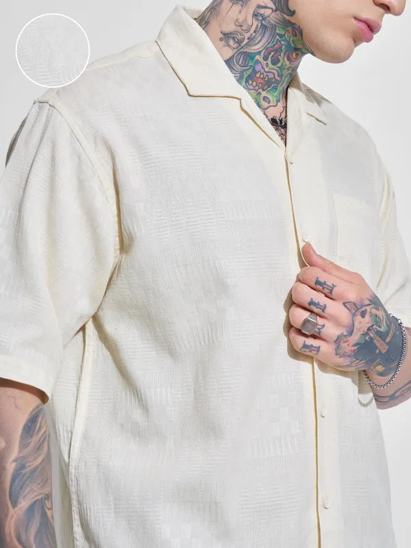 Men Cream Self Design Oversized Fit Casual Shirt
