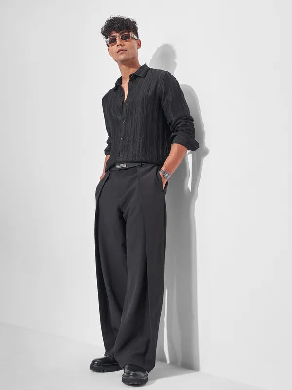 Black Self Design Oversized Fit Casual Shirt