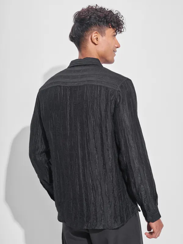 Black Self Design Oversized Fit Casual Shirt
