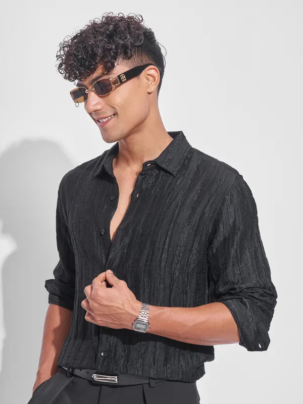Black Self Design Oversized Fit Casual Shirt