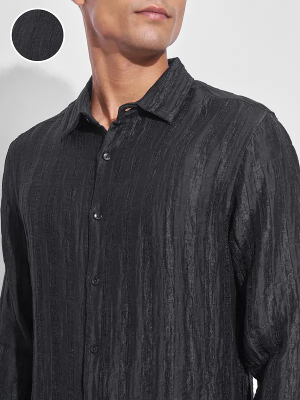 Black Self Design Oversized Fit Casual Shirt