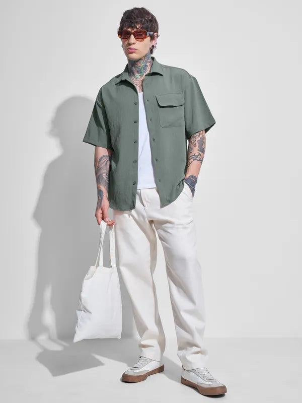 Olive Self Design Oversized Fit Casual Shirt