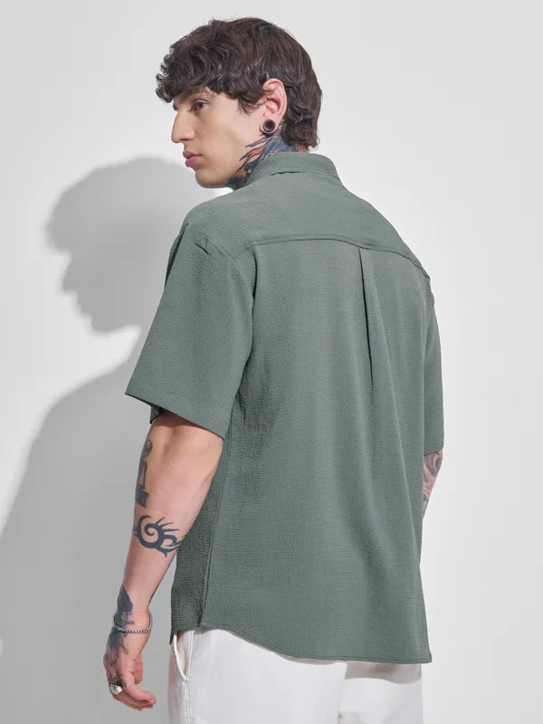 Olive Self Design Oversized Fit Casual Shirt
