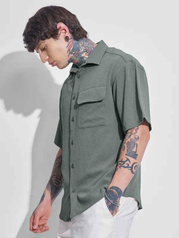 Olive Self Design Oversized Fit Casual Shirt