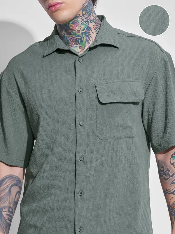 Olive Self Design Oversized Fit Casual Shirt