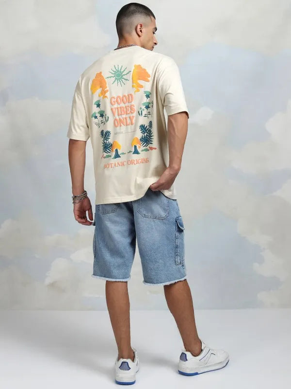 Cream Printed Round Neck Oversized Fit T-Shirt