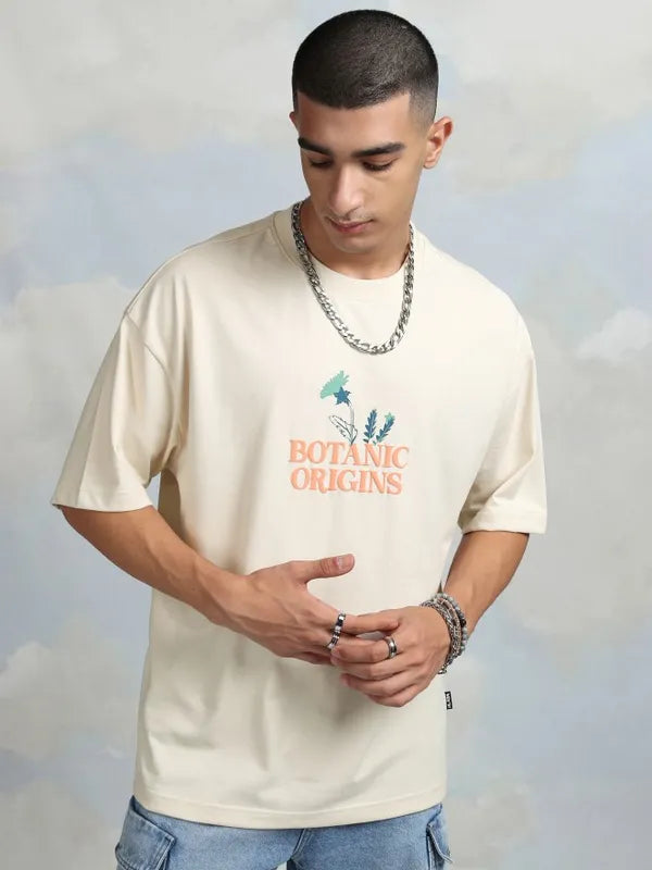 Cream Printed Round Neck Oversized Fit T-Shirt