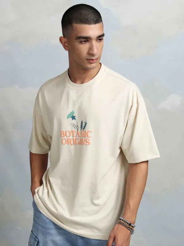 Cream Printed Round Neck Oversized Fit T-Shirt