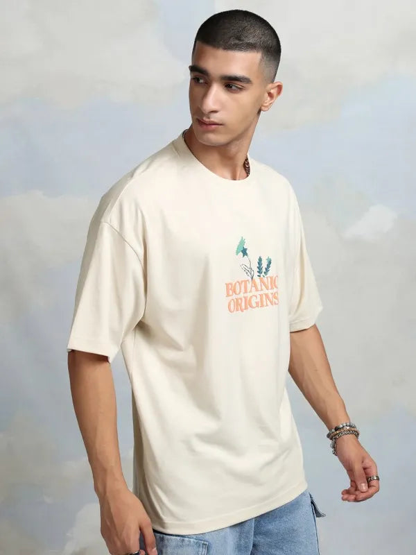 Cream Printed Round Neck Oversized Fit T-Shirt