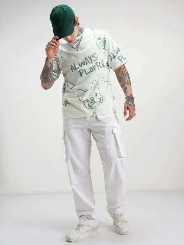 Men Off White Printed Round Neck Oversized Fit T-Shirt