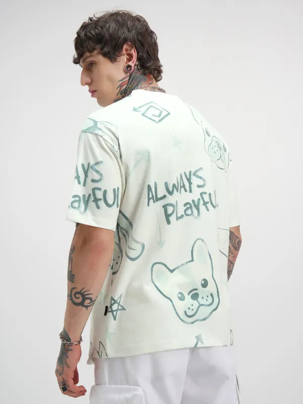 Men Off White Printed Round Neck Oversized Fit T-Shirt