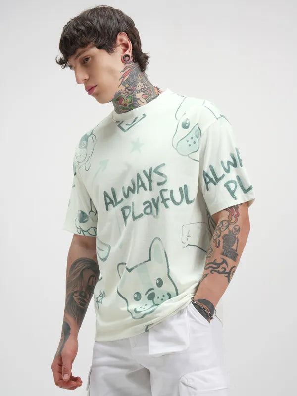 Men Off White Printed Round Neck Oversized Fit T-Shirt