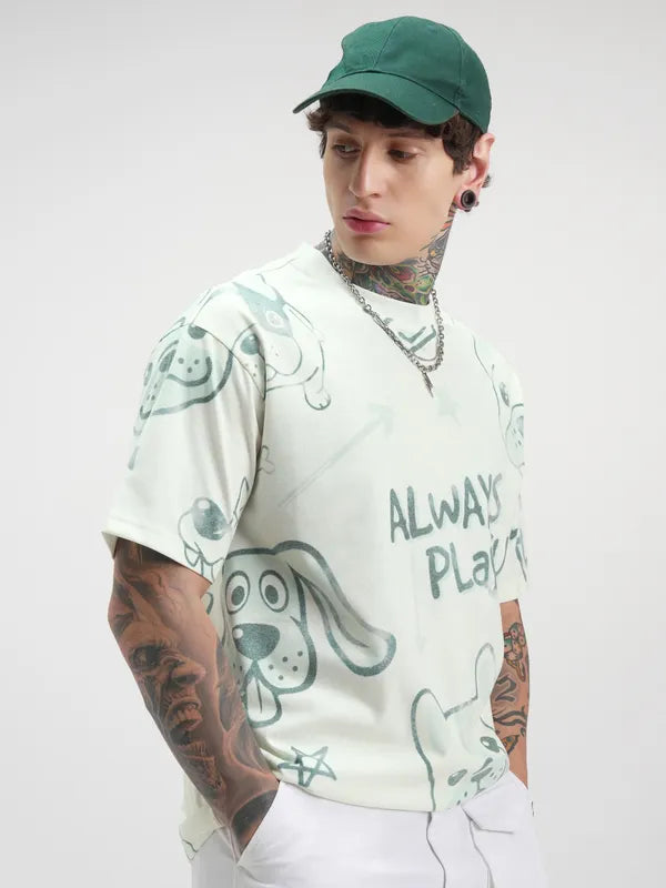 Men Off White Printed Round Neck Oversized Fit T-Shirt