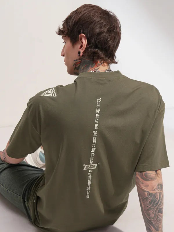 Olive Printed Round Neck Oversized Fit T-Shirt