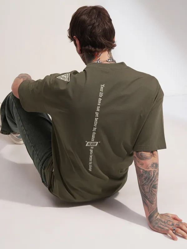Olive Printed Round Neck Oversized Fit T-Shirt