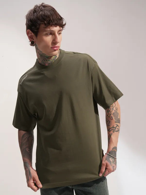 Olive Printed Round Neck Oversized Fit T-Shirt