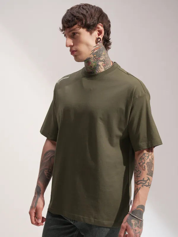 Olive Printed Round Neck Oversized Fit T-Shirt
