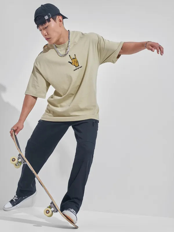 Men Nude Printed Round Neck Oversized Fit T-Shirt