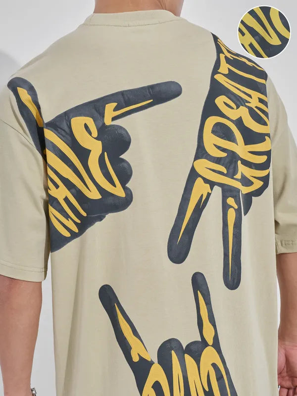 Men Nude Printed Round Neck Oversized Fit T-Shirt