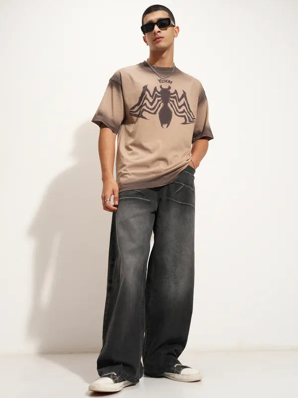 Men’s Beige Oversized Round Neck T-Shirt with Venom Graphic Print for Bold Contemporary Streetwear