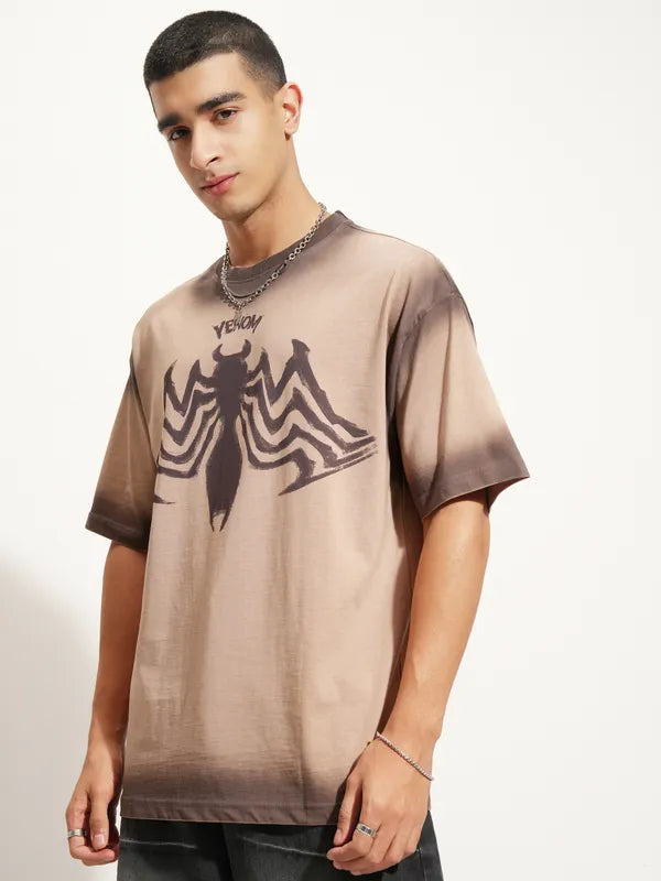 Men’s Beige Oversized Round Neck T-Shirt with Venom Graphic Print for Bold Contemporary Streetwear