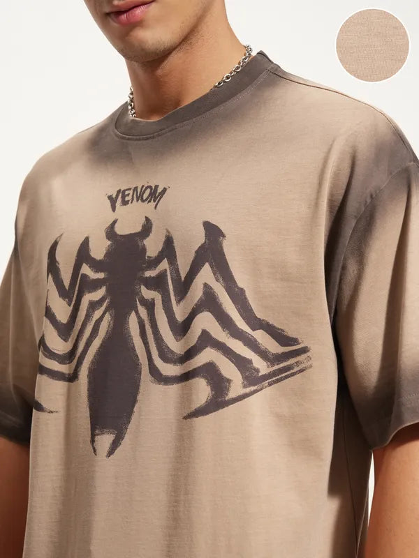 Men’s Beige Oversized Round Neck T-Shirt with Venom Graphic Print for Bold Contemporary Streetwear