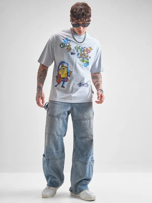 Grey Spongebob Printed Round Neck Oversized Fit T-Shirt