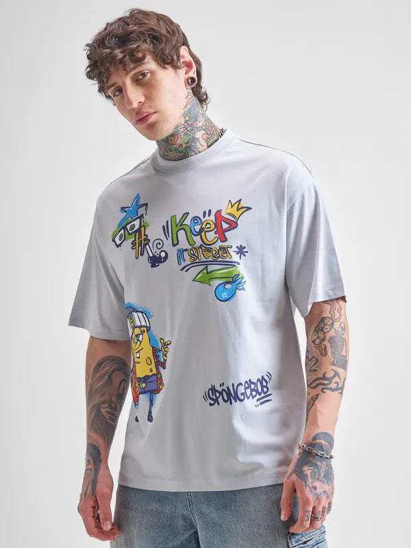 Grey Spongebob Printed Round Neck Oversized Fit T-Shirt