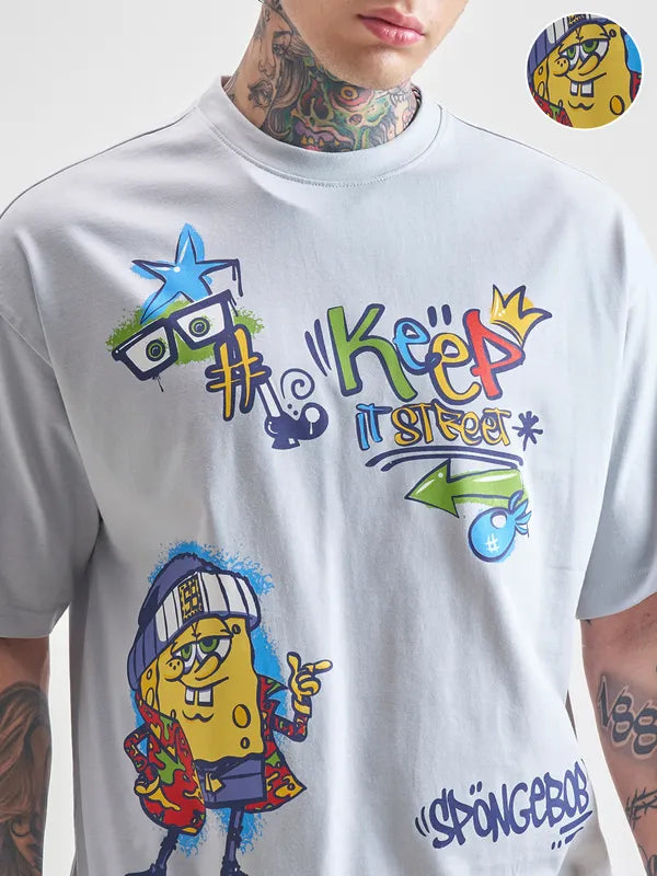 Grey Spongebob Printed Round Neck Oversized Fit T-Shirt